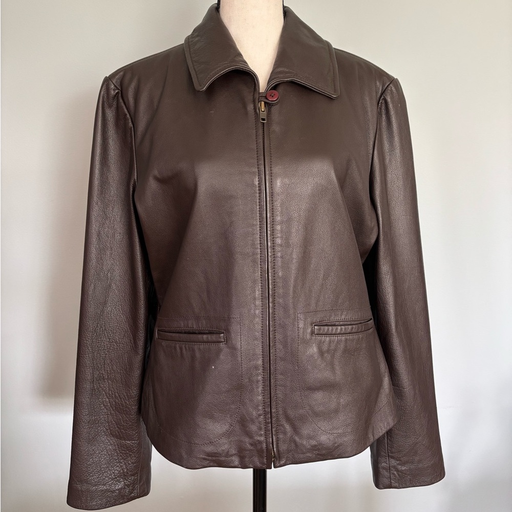Ann Taylor Chocolate Brown Leather Zip Jacket